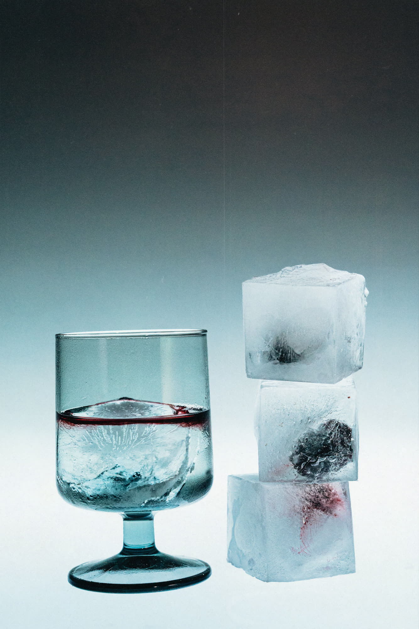 Studio still, a glass of spirits beside ice cubes with botanicals frozen inside