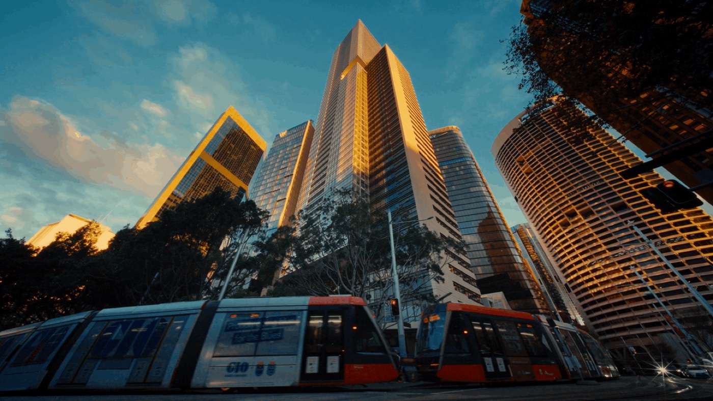 Street frame, towers at golden hour